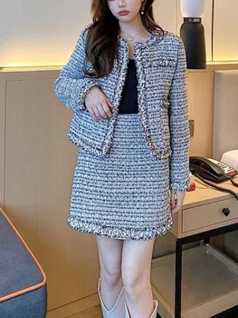 Sonbahar Şık Set Boncuk Kadınlar Kore Vintage Mizaç Zarif Uzun Kollu Düğme Tüvit Ceket + Yüksek Bel Bodycon Etek Takım Elbise
