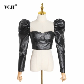 VGH Vintage PU Deri Kısa Backless kadın Bluz Kare Yaka Puf Uzun Kollu Tunik Gömlek Kadın Moda 2020 Giyim