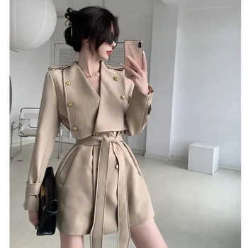 Kadın Moda Trençkot 2022 Yeni Bahar Sonbahar Büyük Yaka Kravat Bel Orta uzunlukta Rüzgarlık Ceket Kruvaze Palto