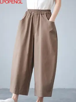 Yeni Yaz Geniş Bacak Pantolon Kadın Yüksek Bel Gevşek Kadın Düz Renk Büyük Cep Düz Ayak Bileği uzunlukta Pantolon Ofis Bayan Pantolon