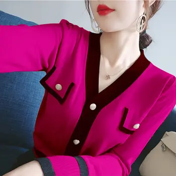 Zarif V Yaka Düğmesi Eklenmiş Örme Bluz kadın Giyim 2022 Sonbahar Yeni Gevşek Casual Kazaklar Tüm Maç Ofis Bayan Gömlek