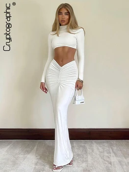Şifreleme Zarif Beyaz Uzun Kollu 2 Parça Set Kıyafetler Kadınlar Kulübü Parti Üst ve Elbise Setleri Uzun Dantelli Eşleşen Setleri