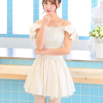 Japonya Tarzı Liz Lisa Jakarlı Pamuk Büyük Yay omuz Mini Elbise