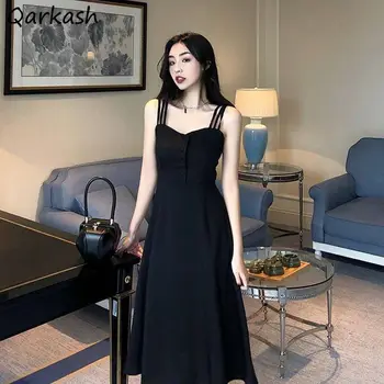 Elbise Kadınlar Zarif Vintage A-line İnce Moda Kore Tarzı Spagetti Kayışı Yaz Parti Gotik Retros Bayan Vestidos Tüm Maç