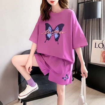 Bayan Takım Elbise Yaz Yeni Kore Versiyonu Gevşek Yuvarlak Boyun kısa kollu tişört Rahat İki Parçalı Setleri Bayan Kıyafetler Şort Takım Elbise