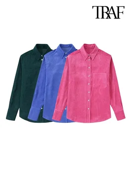 TRAF Kadın Moda Yama Cep Gevşek Kadife Gömlek Vintage Uzun Kollu Ön Düğmeler Kadın Bluzlar Blusas Chic Tops