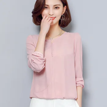 Şifon Kadın Gömlek Uzun Kollu Bahar Sonbahar Büyük Boy Yuvarlak Yaka Saf Renk Yeni Kore Bluz Ofis Bayanlar İş Üst H9021