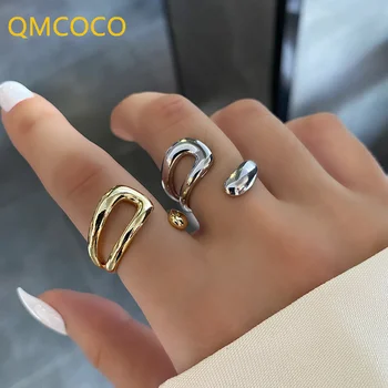 QMCOCO Minimalist Gümüş Renk Parmak Yüzük Moda Yaratıcı Tasarım Hollow Out Geometri Güzel Takı Kadınlar Için Parti Mevcut