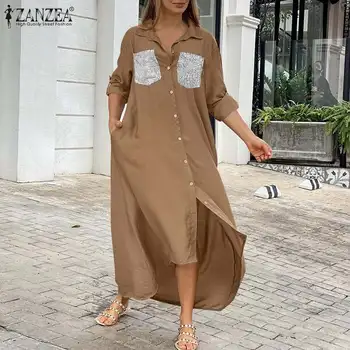 Moda Rahat Kadın Gömlek Elbise ZANZEA 2022 İlkbahar Sonbahar Uzun Kollu Maxi Elbiseler Vestidos Büyük Boy Gevşek Tatil Robe Femme