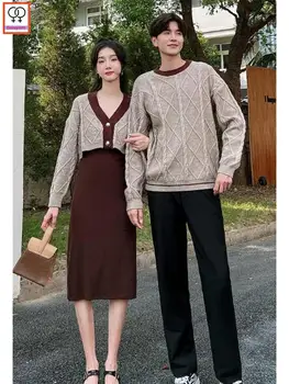 Eşleşen Çift Elbise Kıyafetler Erkek Kadın Severler Tatil sevgililer Kız Tarih Sevimli İki Parçalı Örme Kazak Elbise