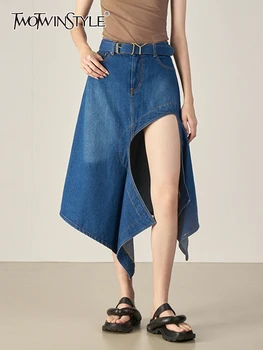 TWOTWINSTYLE Moda Streetwear Midi Etek Kadınlar İçin Yüksek Bel Düzensiz Hem Katı Etekler Kadın Yaz Giyim Yeni 2022 Tarzı