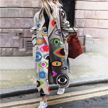 Moda Yüksek Sokak Baskılı Desen Yün Palto 2022 Kış Gevşek Sıcak Uzun Kollu Hırka Kore Casual Yaka Kadın Ceketler