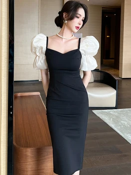 Moda Kore Zarif Kadın Akşam Elbise Siyah Mizaç Vintage Kare Yaka İnce Yarık Midi Parti Kulübü Femme Mujer Vestido