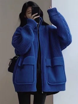 Balıkçı yaka Vintage Katı Renk Kadın Triko Baggy Uzun Kollu Sıcak Fermuar Büyük Cepler Tasarım Kazak Bayan Örgü Hırka Ceket
