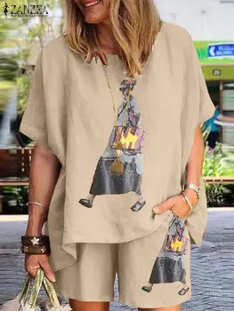 ZANZEA Yaz Eşleşen Setleri Kadın Kısa Kollu Bluz Takım Elbise 2 Parça Setleri Rahat Plaj Kısa Setleri Gevşek Baskılı Eşofman Kıyafet
