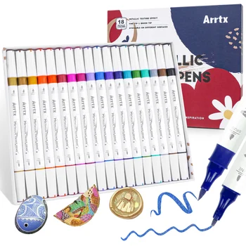 Arrtx Çift Uçlu Metalik Boya Kalemleri 18 Renkler Akrilik işaretleyici kalem Karalama Defteri El Sanatları için Kart Yapımı Kırtasiye Ofis Malzemeleri