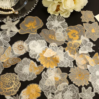 Yoofun 20 adet/paket Parlayan Altın Ve Beyaz Kelebek Çiçek Çıkartmalar Estetik Kart Yapımı Günlük Scrapbooking DIY