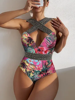 Yeni Tek Parça Çiçek Baskılı Bodysuit Mayo Seksi V Boyun İki Aşınma Yüksek Bel Bikini Moda Kadınlar Push Up Backless Beachwear