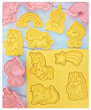 8 adet / takım Unicorn DIY Çerez Kesiciler Preslenebilir Plastik Bisküvi Kalıp Çerez Dekorasyon kurabiye damgası Mutfak Aksesuarları