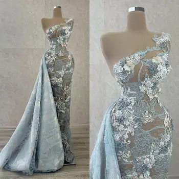 Tozlu Mavi Mermaid balo kıyafetleri Ayrılabilir Tren ile 2023 Dantel Çiçek Bir Omuz Aso Ebi Arapça gece elbisesi vestidos de novi