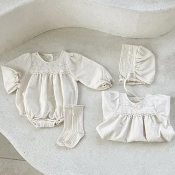 2022 Yaz Yeni İnce Bebek Kız Uzun Kollu Elbise Çocuk Pamuk Keten Saf Renk Gevşek Elbiseler Toddler Rahat Gecelik Kıyafetler