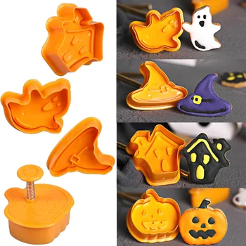 4 adet Cadılar Bayramı Kabak Hayalet Tema Plastik kurabiye kesici Piston Fondan Sugarcraft Çikolata Kalıp Kek Dekorasyon Araçları