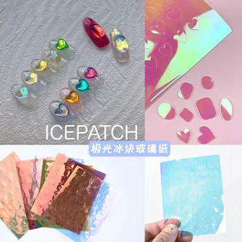 Japon tarzı tırnak sticker polar renkler Buz yama 3D manikür dekorasyon mavi mor yeşil folyo kare kalp kağıt YJ065
