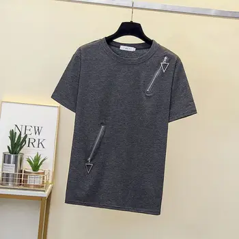 Yaz Moda T Shirt Kadın Kore Tarzı Büyük Boy Tişörtleri O-Boyun Tüm Maç Üstleri Gevşek kısa Kollu fermuarlı tişört Bayan Trend
