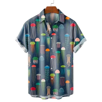 Molilulu erkek moda Vintage giyim denizanası rahat kısa kollu gömlek