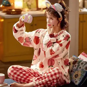Kadın Kış Polar Pijama Setleri Pijama Sevimli Karikatür Pazen Pijama Kadife Yumuşak Sıcak Uzun Kollu Üst + Pantolon 2 Adet Set Ev Tekstili