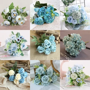 1 Buket mavi yapay çiçekler Şakayık Çay Gül Sonbahar Ipek Sahte Çiçekler DIY Oturma Odası Ev Bahçe Düğün Dekorasyon