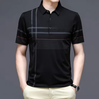 Yeni Moda Erkek POLO GÖMLEK Çizgili Kısa Kollu Siyah Yaz Serin Giyim İş Erkek Kore POLO GÖMLEK Erkek Üstleri Gömlek