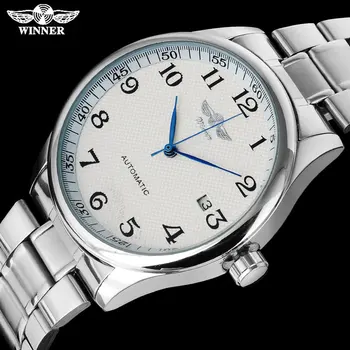 KAZANAN moda rahat erkekler mekanik saatler paslanmaz çelik şerit gümüş kasa lüks otomatik saatı relogio masculino