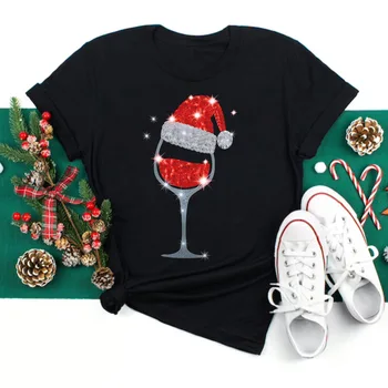 Şarap bardağı Noel Şapka Kadın T-shirt Moda Bayan Tatil Merry Christmas Yeni Yıl Üstleri Karikatür Gömlek Kadın Siyah Tshirt