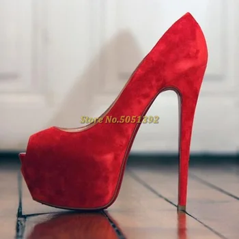 Süet Peep Toe Platformu Yüksek Topuklu İnce Yüksek Topuk Elbise Kadın Pist Bayan ayakkabıları Üzerinde Kayma Katı Kırmızı Siyah Pompa Bayan Ayakkabıları