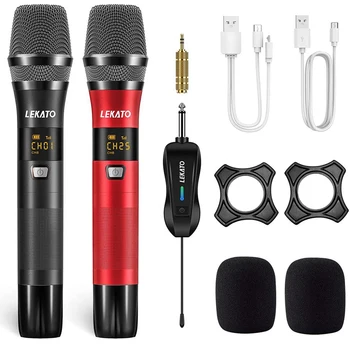 LEKATO Şarj Edilebilir Çift Kablosuz Mikrofon Akülü Metal Mikrofon Karaoke Şarkı Mikrofon Karaoke Düğün için 25 Kanallı