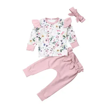 Sonbahar Tatlı Bebek Bebek Kız Giysileri Uzun Kollu Çiçek Üstleri + Pantolon + Şapkalar 3 ADET Kıyafet