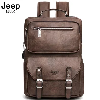 Jeep Buluo Büyük Markalar erkek Deri Çanta Yeni Retro Sırt Çantası erkek USB Şarj Trendi Rahat Bilgisayar Çantası Seyahat Çantası Büyük Uzay