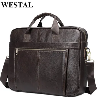 WESTAL 17 inç laptop çantası Erkek Deri Çanta 100% erkek Evrak Çantası Hakiki deri postacı çantası Belge Bilgisayar Evrak Çantası