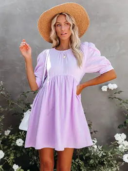 Boho Retro Düz Renk Puf Kollu Ekip Boyun Elbise 2023 Yaz Kadın Tatil Rahat Plaj Kıyafeti Gevşek Bluzlar Mini Elbiseler A2126