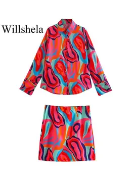 Willshela Kadın Moda 2 Parça Set Baskılı Tek Göğüslü Bluz ve Vintage Yan Yarık Mini Etek Şık Bayan Kadın Etek Seti