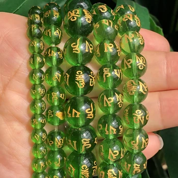 Altın Rengi Altı Kelime Mantra Namaz Buda Yeşil Kristal Cam Şanslı Muska Yuvarlak halka boncuk diy bilezik Takı Yapımı İçin